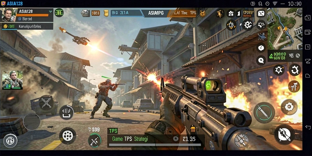 Tampilan gameplay intens <strong>ASIA128</strong> dengan aksi menegangkan di medan pertempuran.