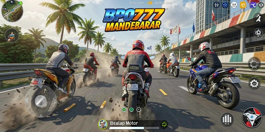 Gameplay menegangkan BPO777 dengan balapan motor cepat di trek.