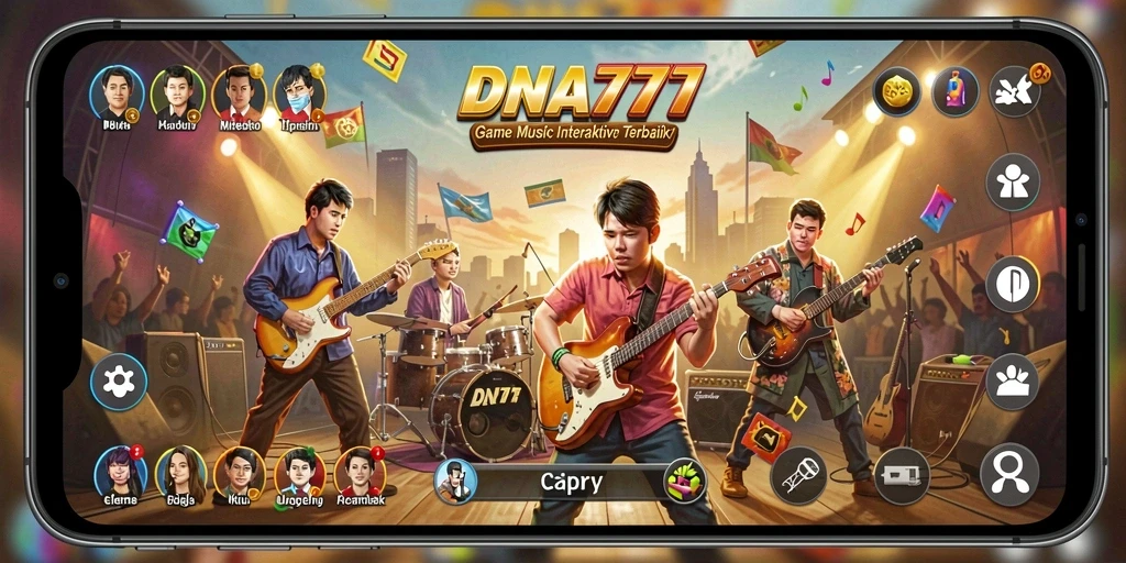 Screenshot menunjukkan pemain beraksi dengan lagu-lagu musik yang dinamis.