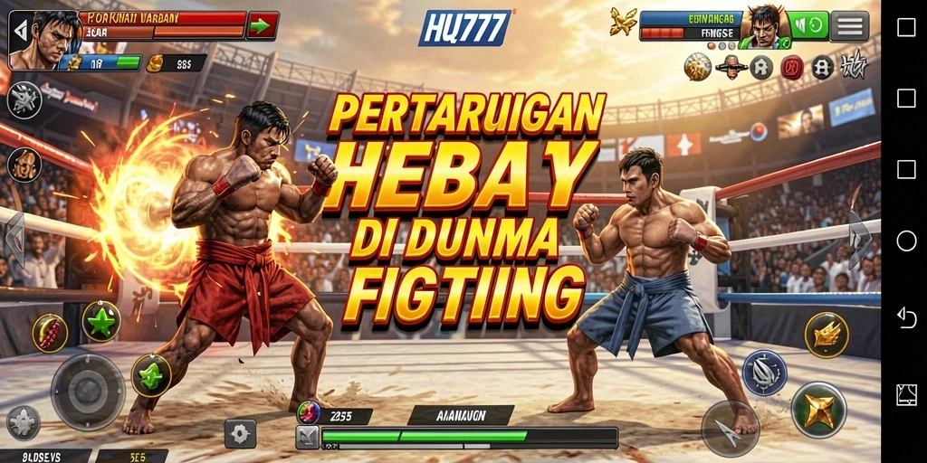 Gameplay seru HQ777 yang menunjukkan pertarungan epik antar karakter.