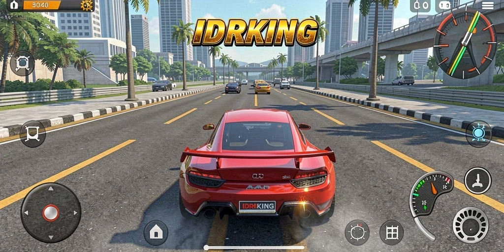 Tampilan gameplay <strong>IDRKING</strong> dengan mobil balap yang melesat di jalan raya.