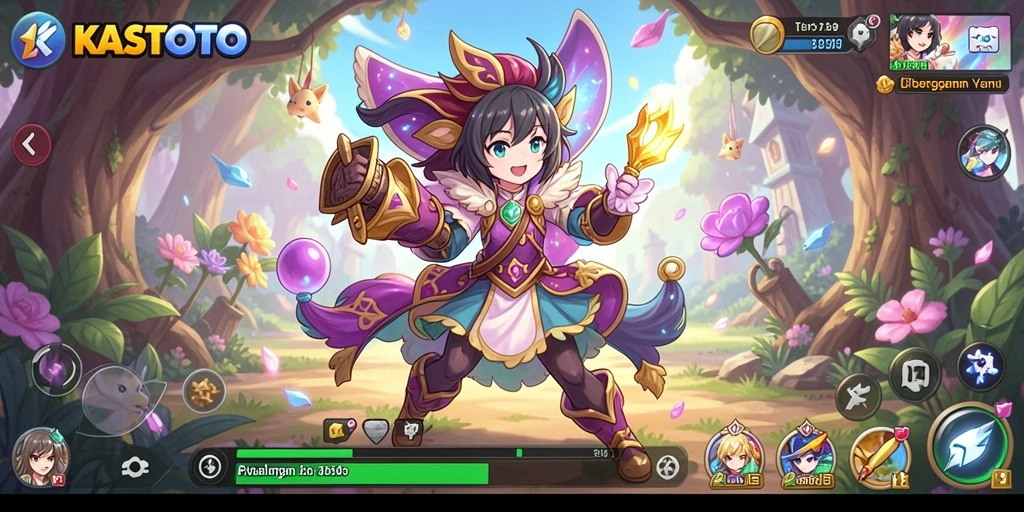 Tangkapan layar gameplay KASTOTO yang penuh aksi dan karakter anime.