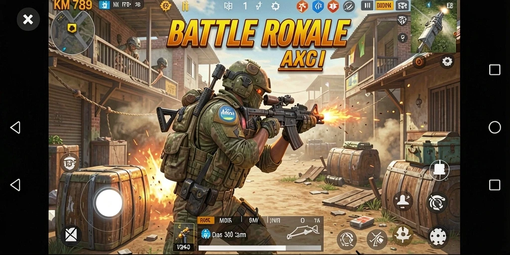 Screenshot gameplay KM789 menampilkan pertempuran intens dalam mode Battle Royale.