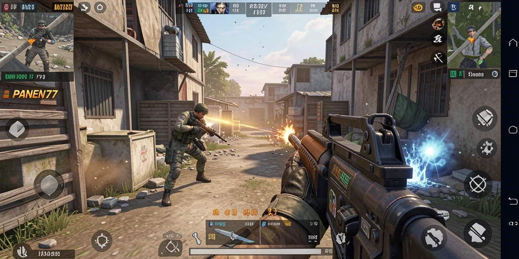 Screenshot gameplay PANEN77 menampilkan aksi pertempuran FPS yang mendebarkan.