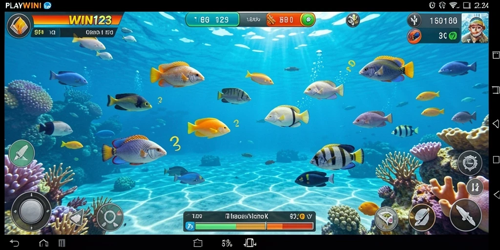 Screenshot PLAYWIN123 menampilkan aksi seru dalam menembak ikan.