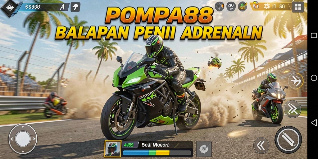 Screenshot gameplay POMPA88 menampilkan balapan motor yang intens dan mendebarkan.