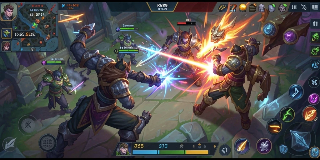 Screenshot menunjukkan aksi seru dalam pertempuran tim MOBA.