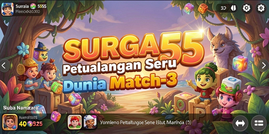 Tangkapan layar utama SURGA55 menampilkan permainan Match-3 yang seru dan penuh warna.
