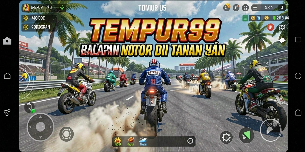 Tampilan gameplay TEMPUR99 yang seru saat balapan dengan motor.